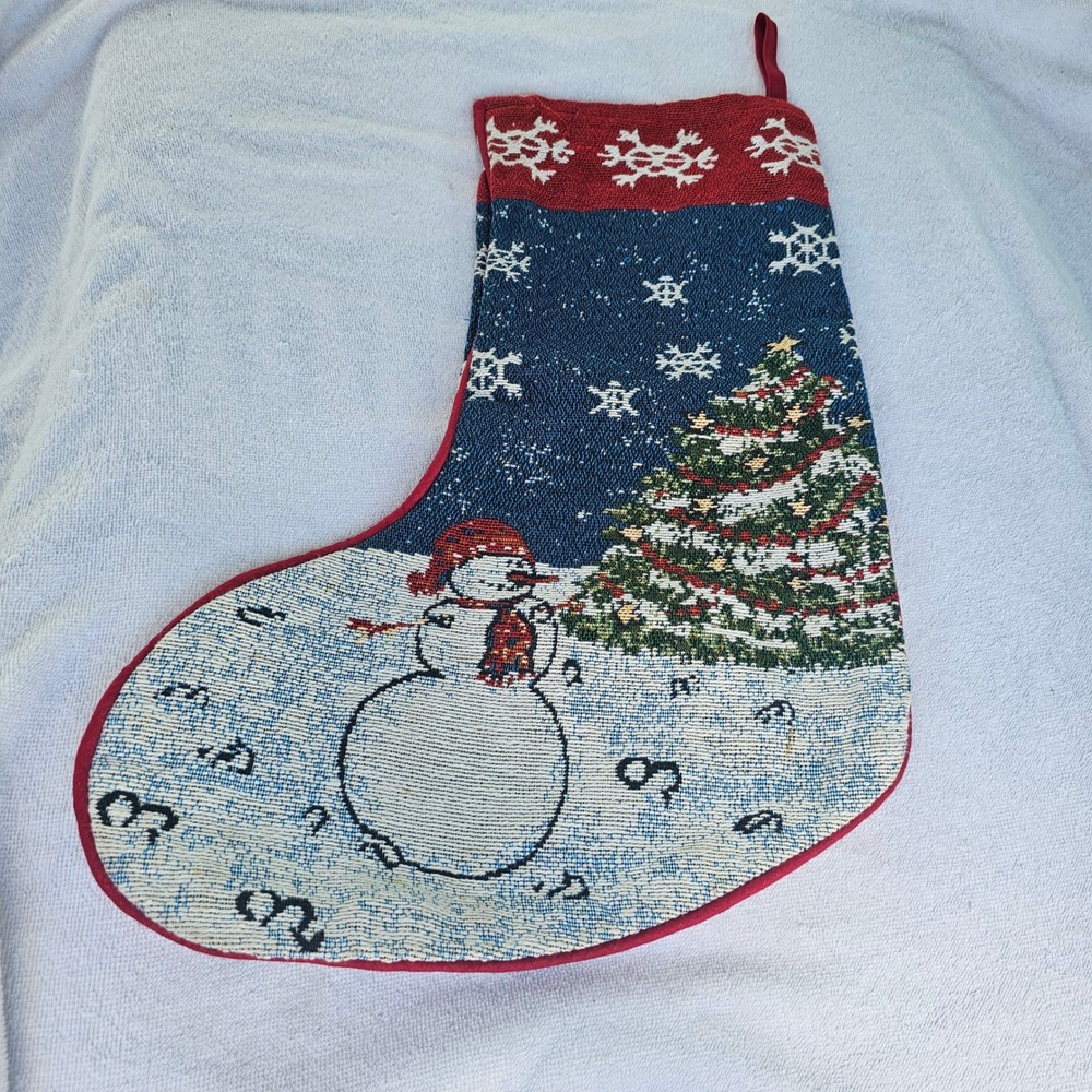 Old Time Pottery Tapestry Christmas Stocking Snowman Tree Woven Holiday Decor